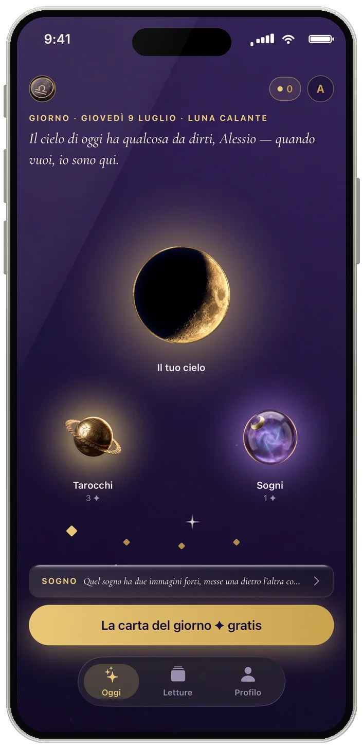 La home di Luna su iPhone: il cielo di stasera con la fase lunare, i tarocchi e la carta del giorno gratis